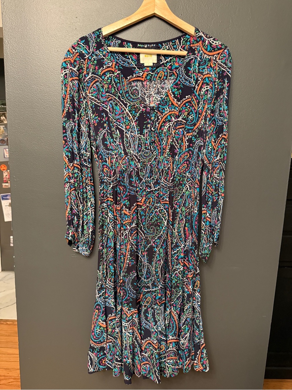 Maeve Black Paisley Long-Sleeve Swing Dress with Teal & Coral Accents
